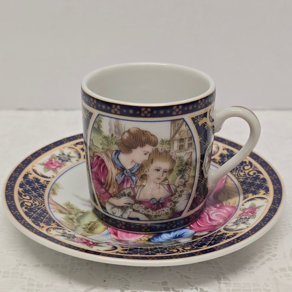 Tiger Yedi Japan Victorian Romantic Couple Espresso Cup & Saucer Vintage